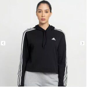 Adidas Women's 2X Essentials 3-Stripes Cropped Hoodie Black & White 100%Cotton